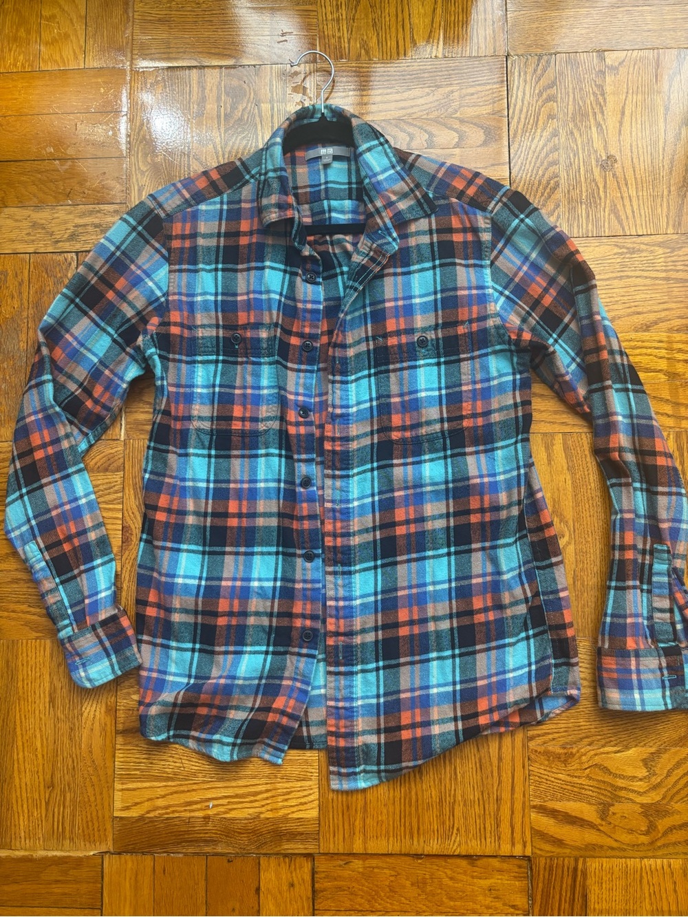 UNIQLO Plaid Flannel Button Down Shirt Size S Teal Orange Blue